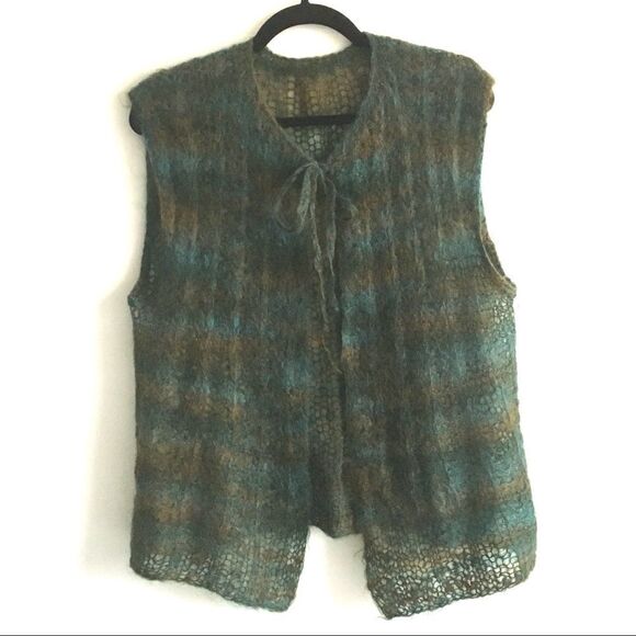 HAND KNIT Mohair Sleeveless Cardigan Sweater Tie Neck Blue Green S/M - Picture 3 of 7